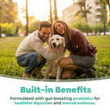 Man and woman with a dog in a park, promoting TropiClean Fresh Breath Dental Water Additive Plus Gut Health for Dogs