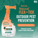 TropiClean Natural Flea + Tick outdoor pest prevention spray bottle on a green background with text.