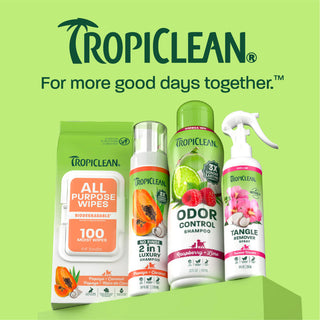 TropiClean line up on light green background.
