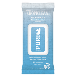 TropiClean PURE All Purpose Plant Based Wipes for Dogs & Cats, image of front of 50ct package