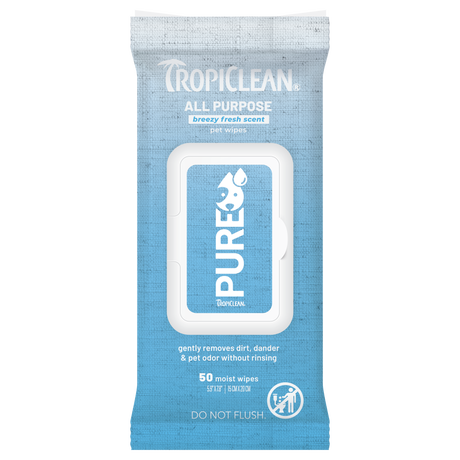 TropiClean PURE All Purpose Plant Based Wipes for Dogs & Cats, image of front of 50ct package