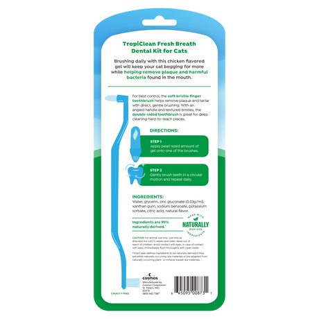 TropiClean Fresh Breath Odor & Tartar Control Dental Kit for Cats, back of package