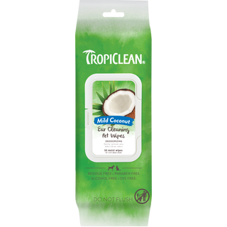TropiClean Mild Coconut Dog & Cat Ear Cleaning Wipes, front of 50ct package