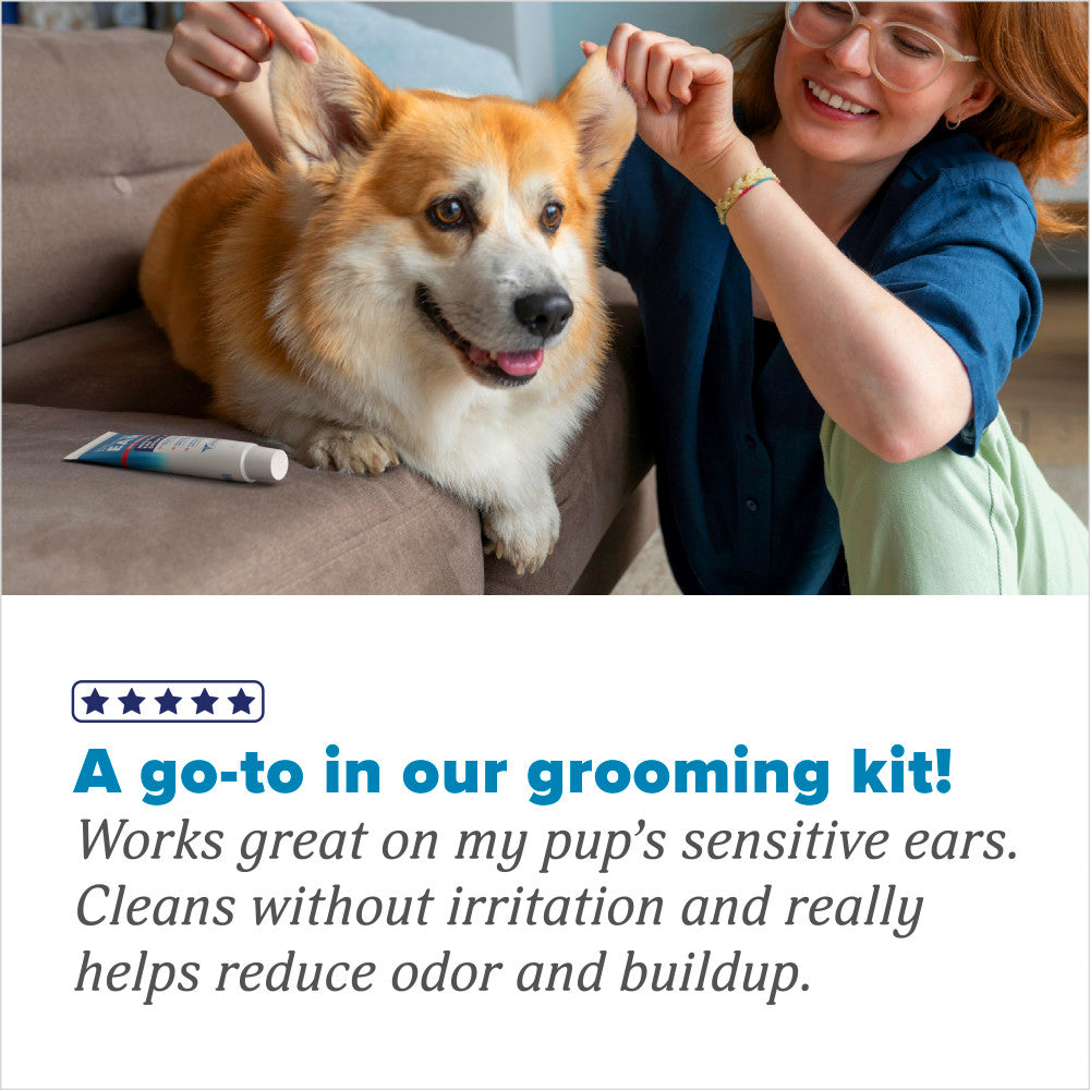 Woman petting a dog with a TropiClean HomeVet Medicated Dog Ear Drops, text about product in grooming kit effectiveness.