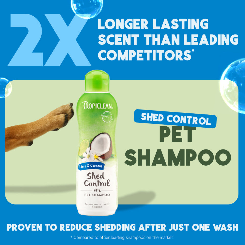 TropiClean Lime & Coconut Shed Control Shampoo for Pets bottle with promotional text 