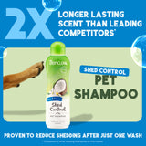 TropiClean Lime & Coconut Shed Control Shampoo for Pets bottle with promotional text 