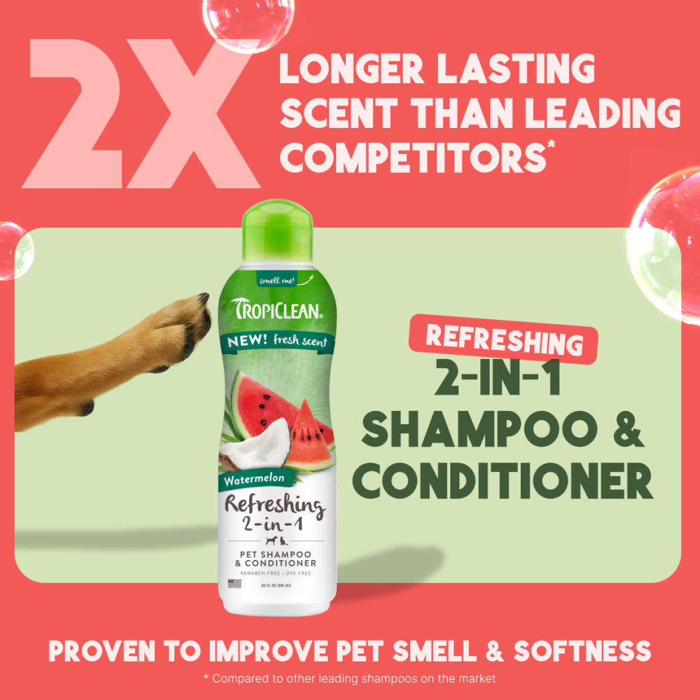 TropiClean Refreshing 2-in-1 Shampoo & Conditioner bottle stating longer lasting scent than leading competitors
