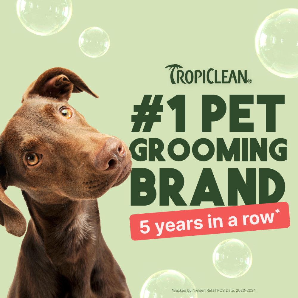 TropiClean Watermelon Refreshing 2-in-1 Pet Shampoo & Conditioner #1 Pet Grooming Brand claim with a dog