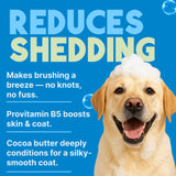 Dog with soap bubbles on a blue background with text about reducing shedding and improving coat health.