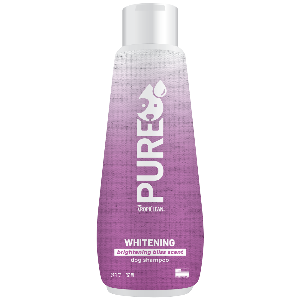 TropiClean PURE Brightening Bliss Whitening Plant-Based Dog Shampoo, front of 22oz bottle