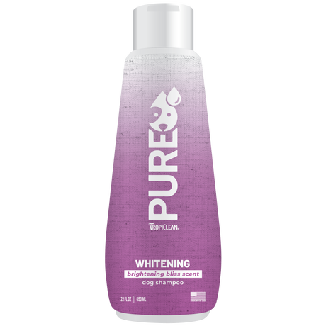 TropiClean PURE Brightening Bliss Whitening Plant-Based Dog Shampoo, front of 22oz bottle