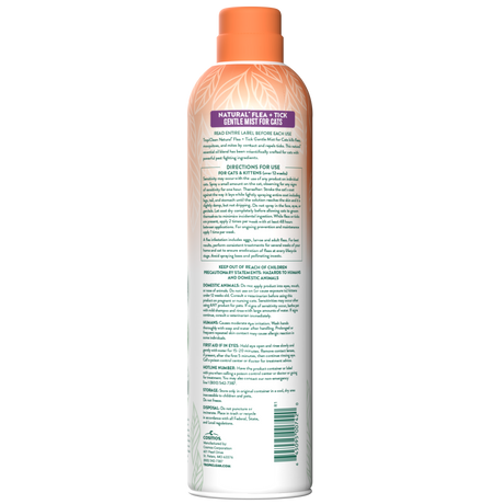 TropiClean Natural Flea + Tick Cat + Home Easy Mist Spray, image of back of bottle