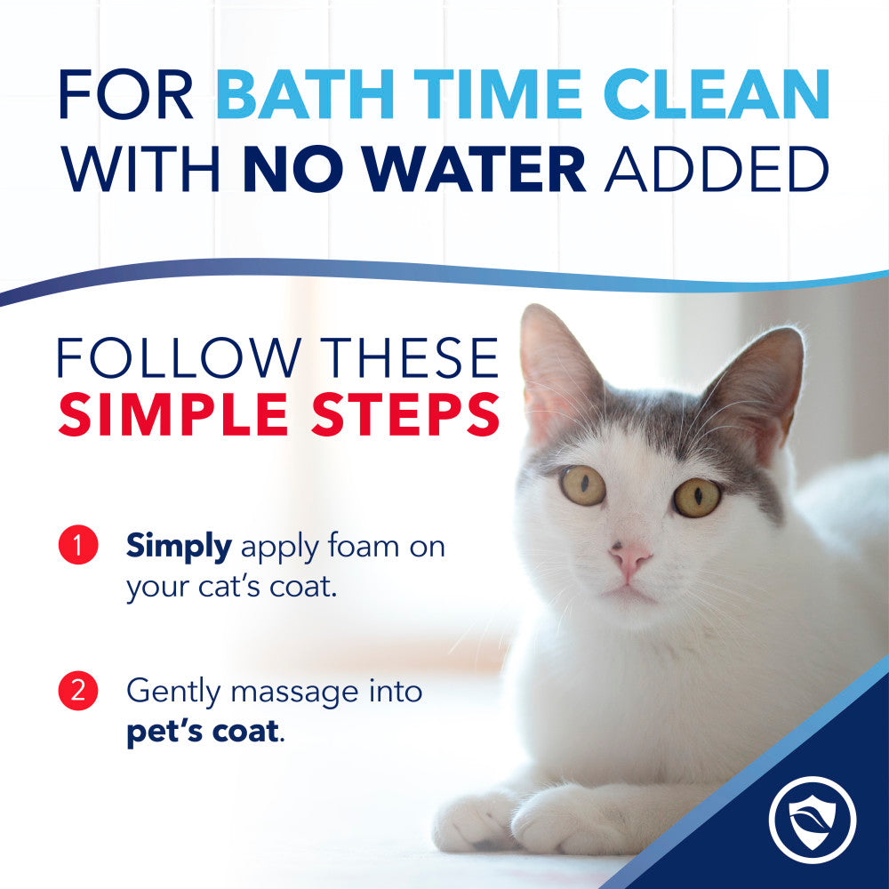 Cat with text on how to use TropiClean OxyMed Waterless Dry Shampoo for Cats without water added