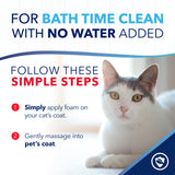 Cat with text on how to use TropiClean OxyMed Waterless Dry Shampoo for Cats without water added