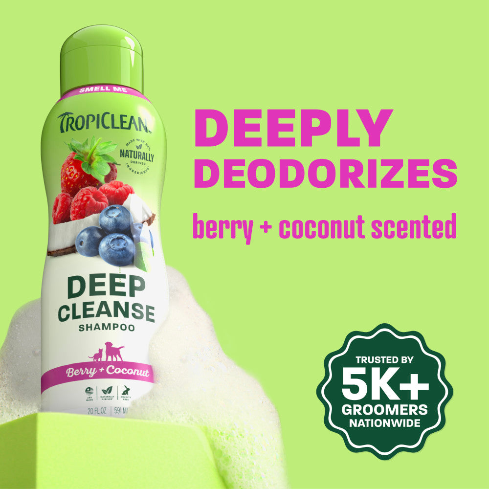TropiClean berry shampoo bottle on light green background.