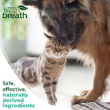 Dog and cat interacting on a rug with TropiClean Fresh Breath branding.