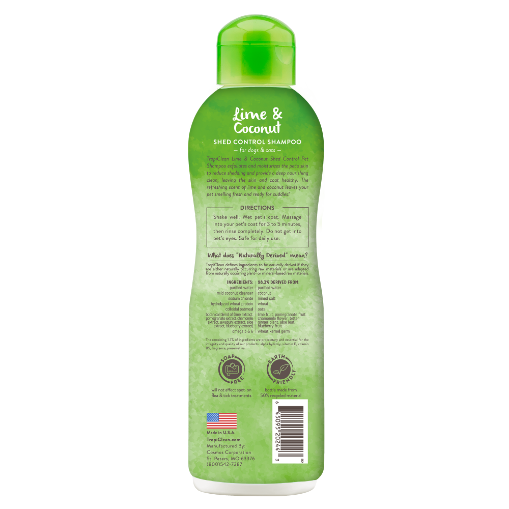 TropiClean Lime & Coconut Shed Control Shampoo for Pets, back of bottle