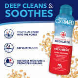 TropiClean OxyMed Medicated Anti Itch Treatment Rinse for Pets, features on a blue and white background