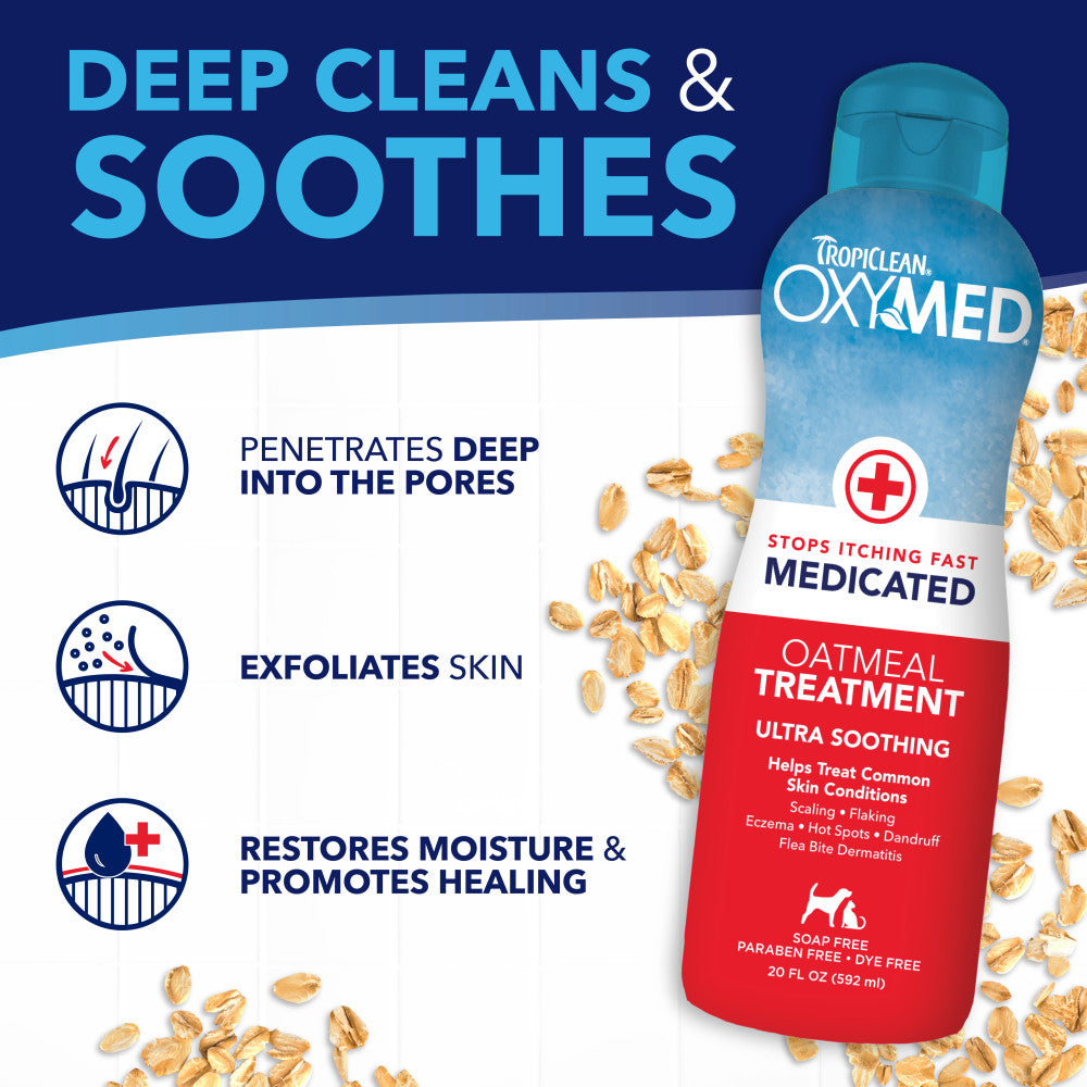 TropiClean OxyMed Medicated Anti Itch Treatment Rinse for Pets, features on a blue and white background.