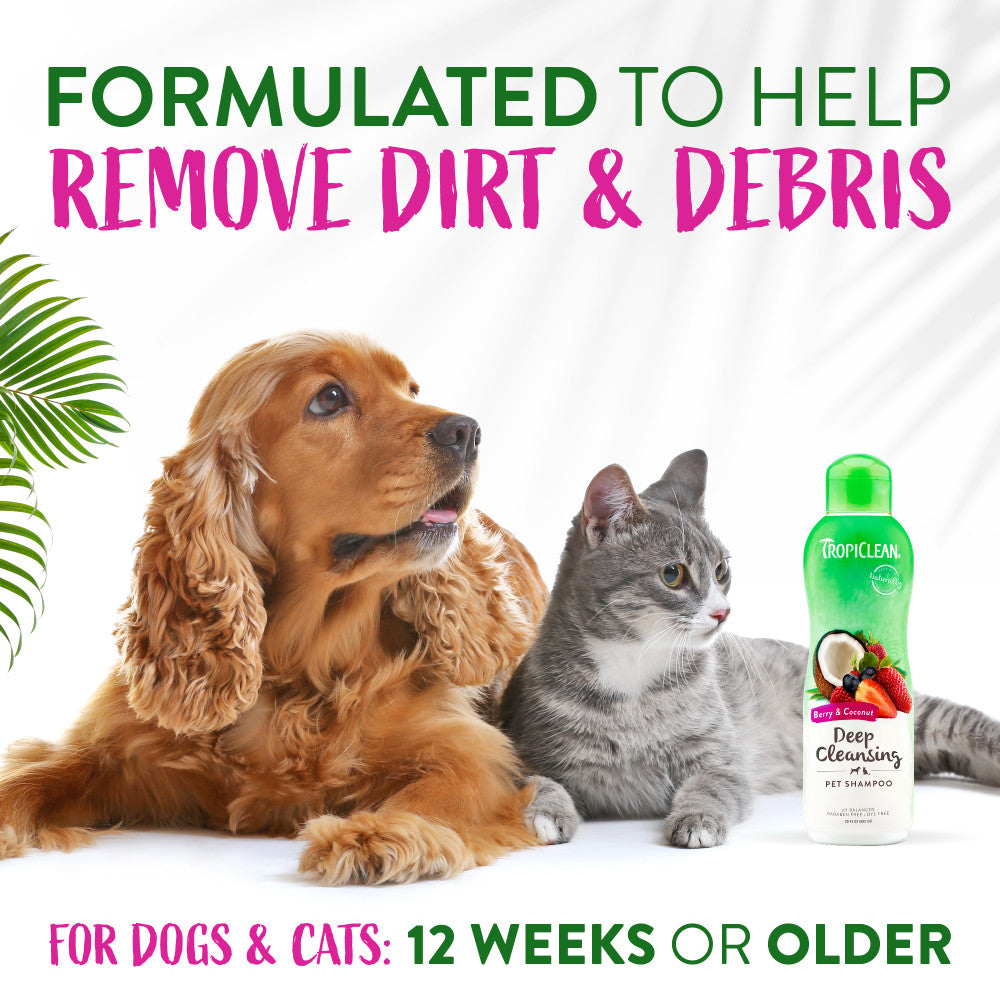 TropiClean Berry & Coconut Deep Cleansing Shampoo for Pets. Dog and cat with Tropiclean pet shampoo bottle, text about product benefits.
