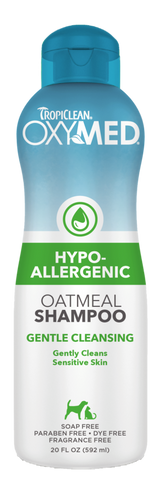 TropiClean OxyMed Hypoallergenic Oatmeal Shampoo for Dogs and Cats, front of bottle