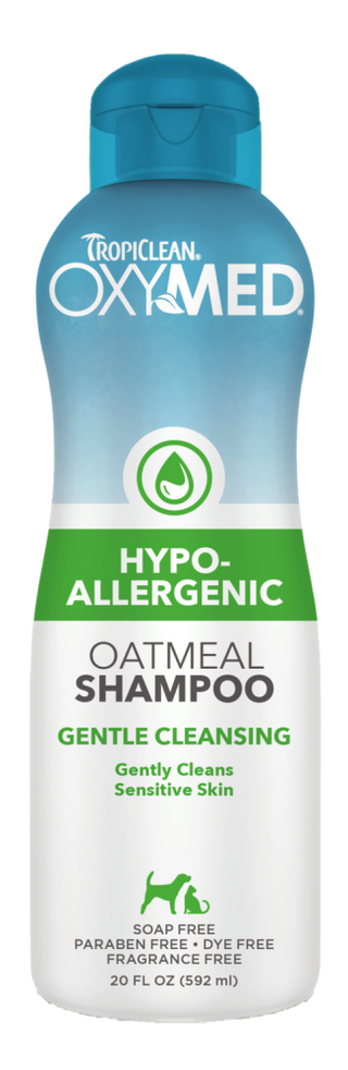TropiClean OxyMed Hypoallergenic Oatmeal Shampoo for Dogs and Cats, front of bottle.