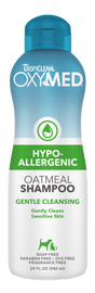TropiClean OxyMed Hypoallergenic Oatmeal Shampoo for Dogs and Cats, front of bottle