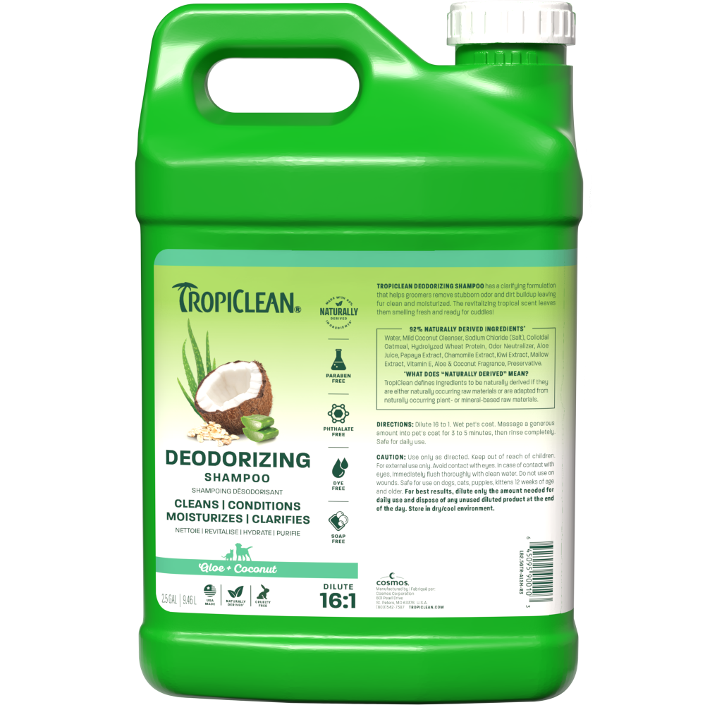 TropiClean deodorizing shampoo 2.5 gallon front.