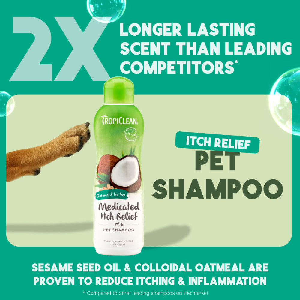 TropiClean Oatmeal & Tea Tree Medicated Itch Relief Shampoo for Pets bottle with text on a green background