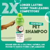 TropiClean Oatmeal & Tea Tree Medicated Itch Relief Shampoo for Pets bottle with text on a green background