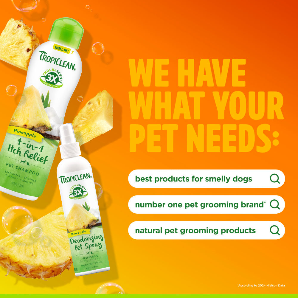 Tropiclean pet care products with pineapple flavor on an orange background
