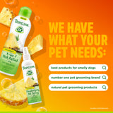 Tropiclean pet care products with pineapple flavor on an orange background