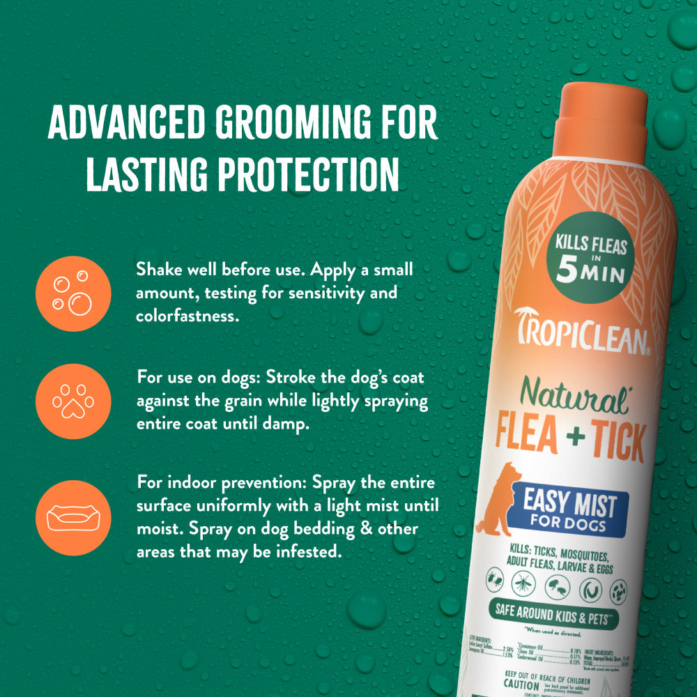 TropiClean Natural Flea + Tick Dog + Home Easy Mist Spray on a green background with usage instructions.