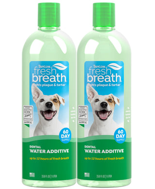 TropiClean Fresh Breath Oral Care Water Additive for Pets. Two bottles of Pet Clean Fresh Breath dental water additive for dogs on a white background