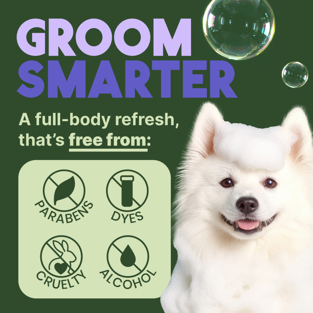 Dog with 'Groom Smarter' text and product features for TropiClean Awapuhi & Coconut Whitening Shampoo for Pets