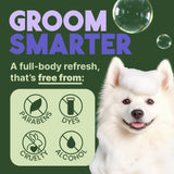 Dog with 'Groom Smarter' text and product features for TropiClean Awapuhi & Coconut Whitening Shampoo for Pets