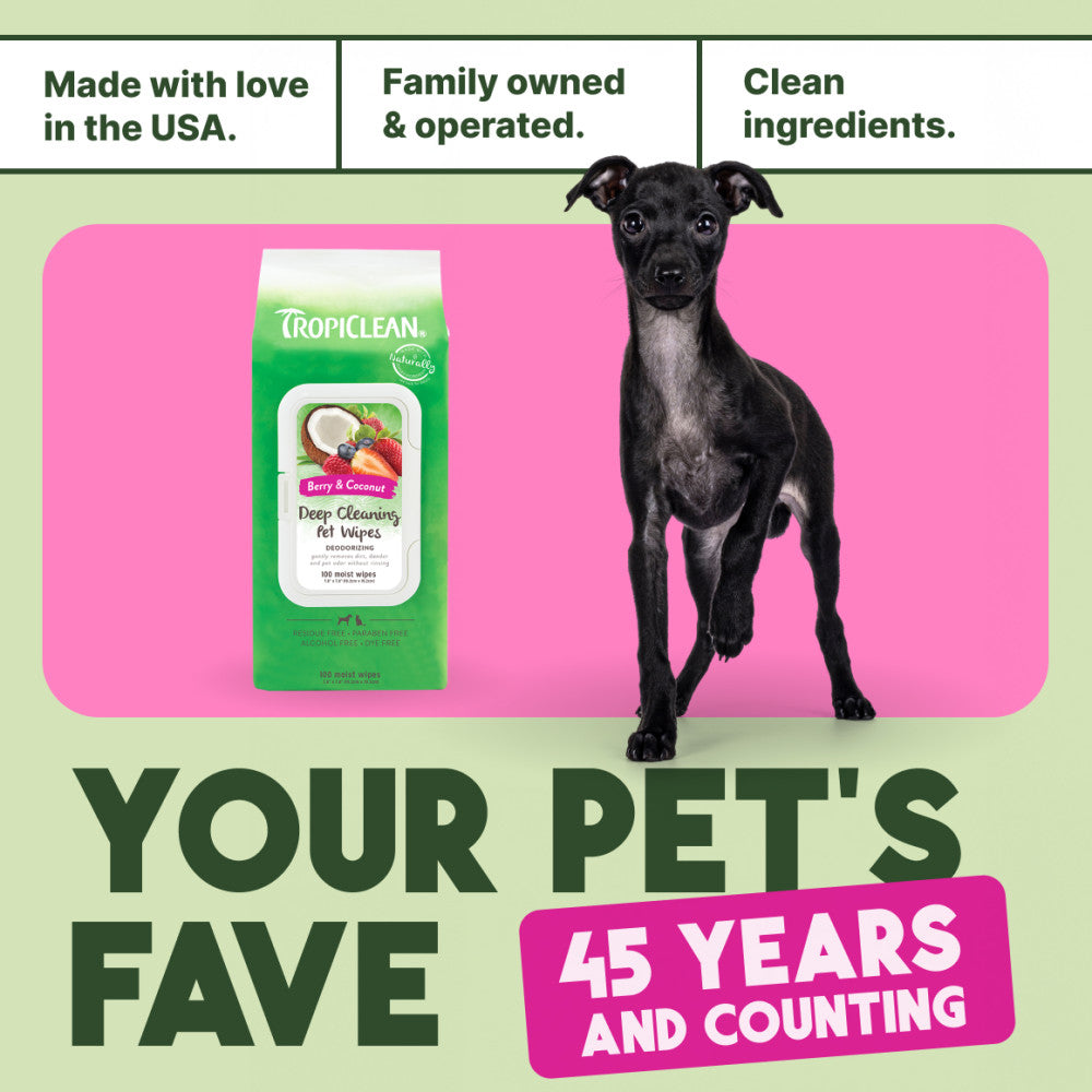 TropiClean Berry & Coconut Deep Cleaning Pet Wipes packaging with a dog on a pink mat