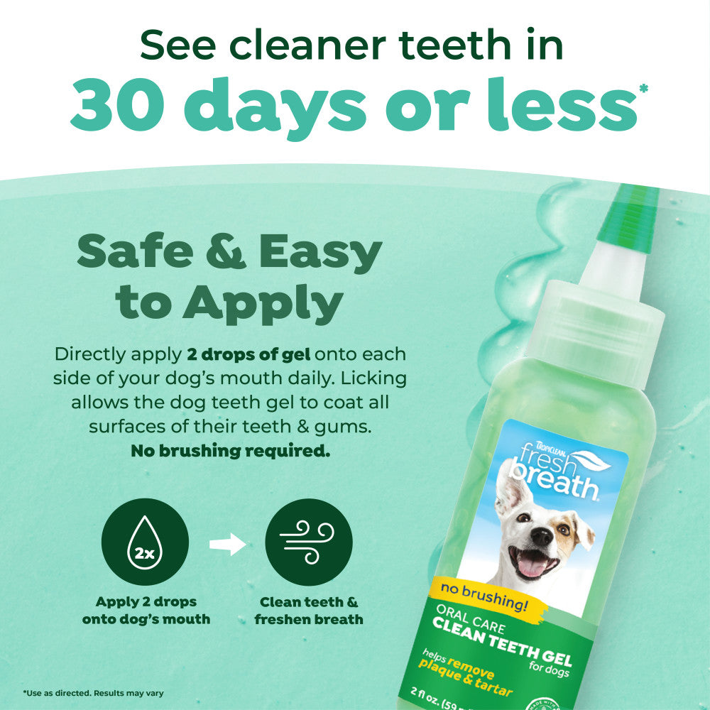 TropiClean Fresh Breath No-Brushing Dental Gel for Dogs packaging with application instructions