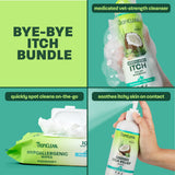 4 squares showing , shampoo, wipes, and spray. Relief on contact.