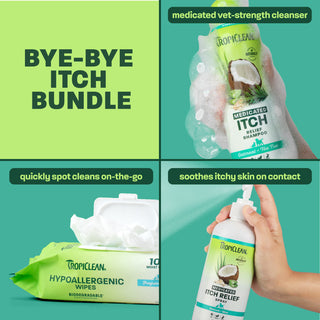 4 squares showing , shampoo, wipes, and spray. Relief on contact.