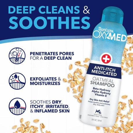 TropiClean OxyMed Medicated Anti Itch Shampoo for Pets with text highlighting benefits on a white background