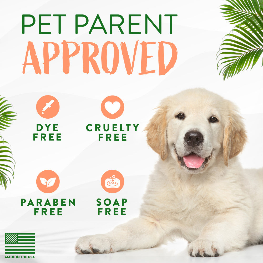 Dog with 'Pet Parent Approved' label, highlighting dye-free, cruelty-free, paraben-free, and soap-free TropiClean Papaya & Coconut 2-In-1 Shampoo and Conditioner for Pets.
