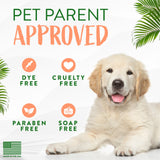 Dog with 'Pet Parent Approved' label, highlighting dye-free, cruelty-free, paraben-free, and soap-free TropiClean Papaya & Coconut 2-In-1 Shampoo and Conditioner for Pets.