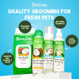 TropiClean pet care products on a blue background with product names and features highlighted.