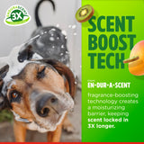 Dog with TropiClean EnduraScent Mango Kiwi Pet Deodorizing Spray suds on its face next to a green label with 'EndurAScent' text and fruit graphics.