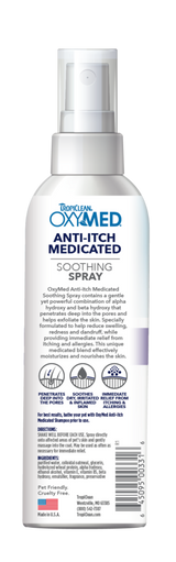 TropiClean OxyMed Medicated Anti-itch Spray for Pets, back of 8oz spray bottle