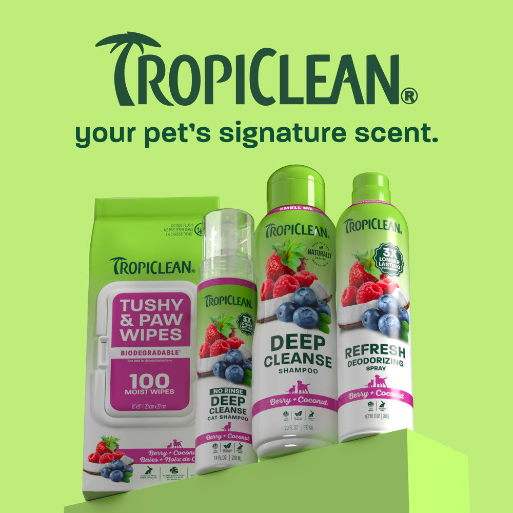 TropiClean berry line up on light green background.