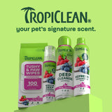 TropiClean berry line up on light green background.