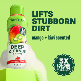 TropiClean mango kiwi shampoo bottle on light green background.