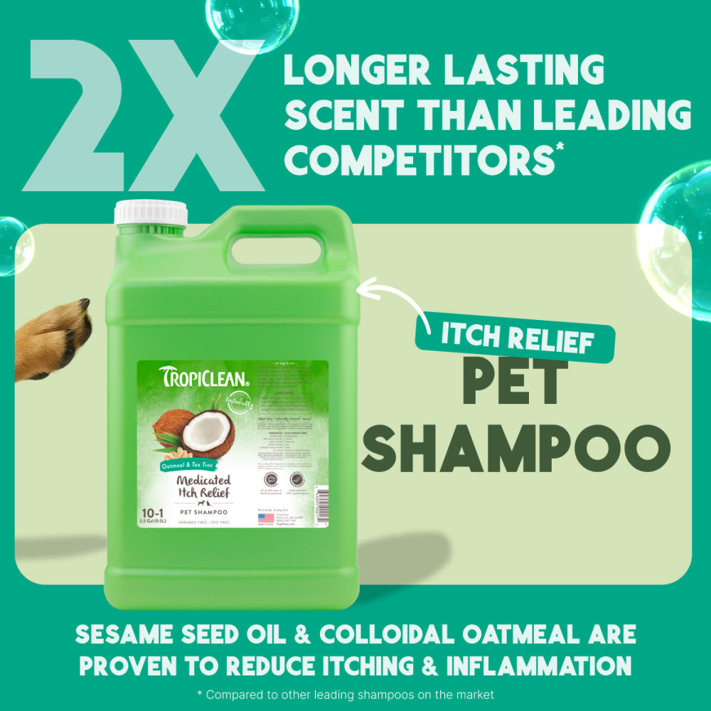 TropiClean Oatmeal & Tea Tree Medicated Itch Relief Shampoo for Pets container with text highlighting scent and ingredients on a green background
